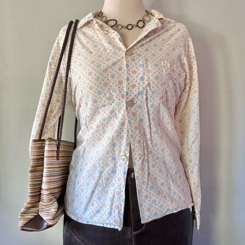 Vintage baby yellow button up with light brown and blue polka dot design